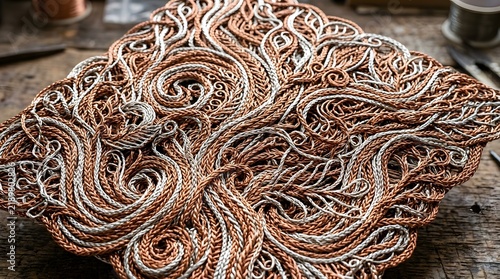Intricate copper and silver wire weaving craft sculpture on workshop table
