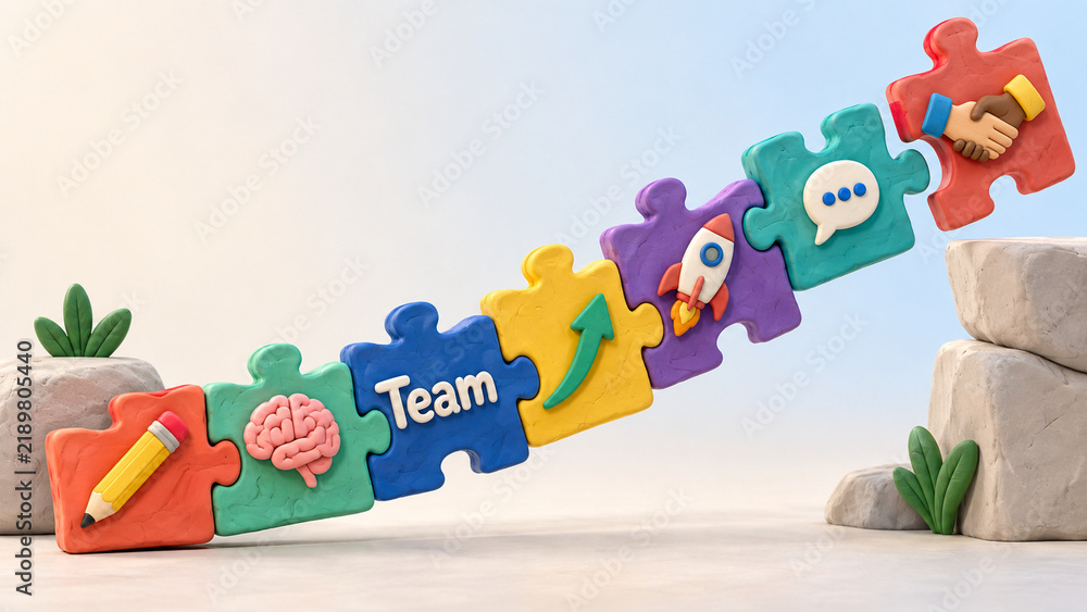 Fototapeta premium Business Teamwork and Growth Concept with Colorful Clay Puzzle Bridge