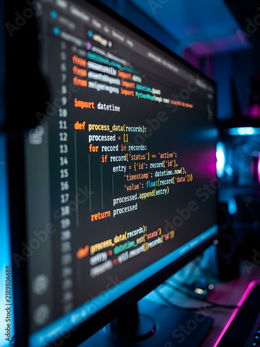 Fototapeta Software Developer Writing Python Code On A Glowing Computer Monitor