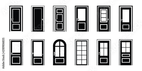 Door icon set, open door symbol and front entrance vector illustration for access, entryway, interior, architecture, and navigation design
