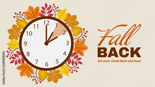 Daylight saving time ends. Fall back banner with clock and fall leaves. The clock turns back one hour