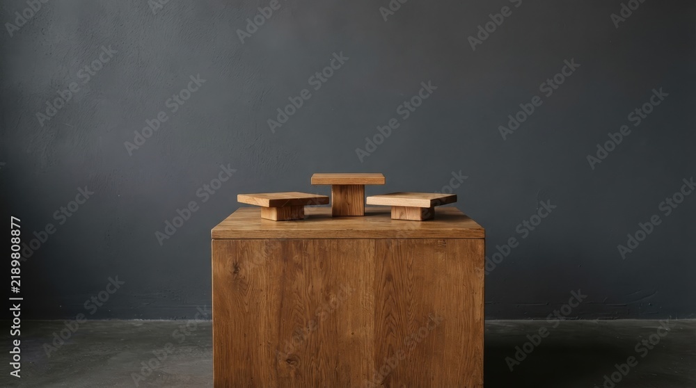 Fototapeta premium Three wooden display pedestals on a rustic wooden block against a dark wall