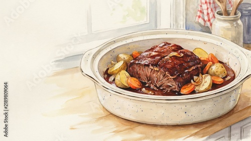 Pot Roast, a dish of American cuisine, a large cut of beef is slowly stewed with potatoes, carrots, and onions until the meat is completely tender. Photo with space for text. 