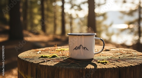 White ceramic mug with deer logo placed on rustic wooden stump in serene forest during golden hour