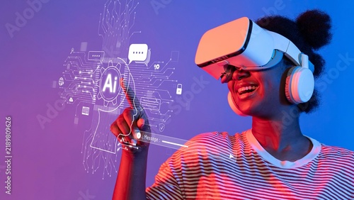 A joyful young woman engages with virtual reality while exploring artificial intelligence concepts, surrounded by vibrant colors and technology graphics, showcasing excitement and innovation. Raster