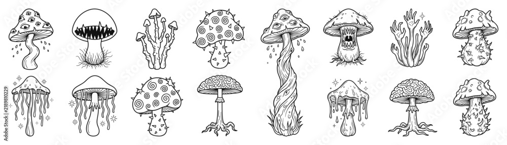 Obraz premium Creepy fantasy mushrooms and poisonous fungi line art icons set, multi-eyed toadstool, monster teeth cap, creeping vine hands, and brain fungus vector