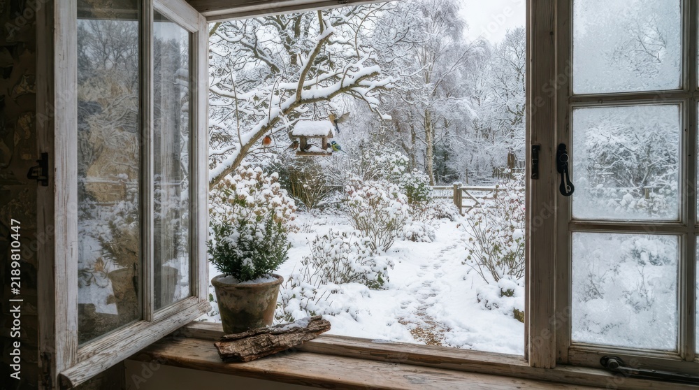 Naklejka premium Snowy winter landscape viewed through an open rustic wooden window