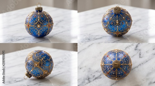 Ornate Blue Christmas Ornament with Gold Filigree and Red Gems on Marble Surface