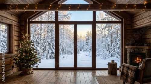 Golden Sunrise Beyond a Cozy Wooden Cabin Window