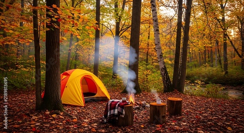 Outdoor camping setup with portable stove and tent in autumn forest with fallen leaves