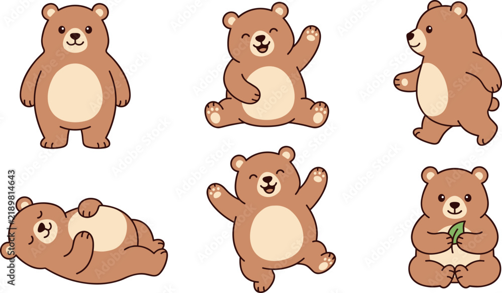 Fototapeta premium Adorable brown bear cub illustrations featuring sitting waving sleeping dancing and walking poses isolated on white background for kids