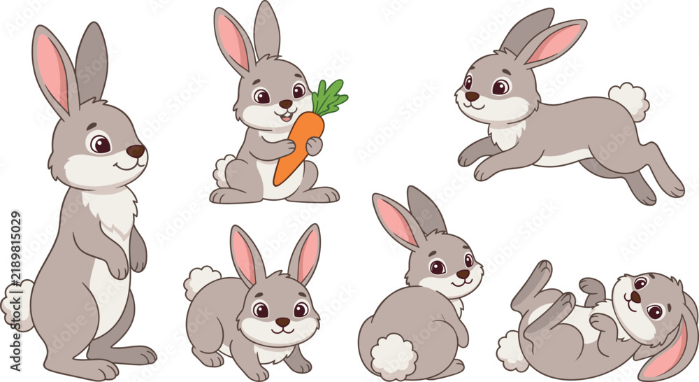 Obraz premium Playful pet rabbit cartoon character pack featuring cute hares in different active poses for children book and nursery decor
