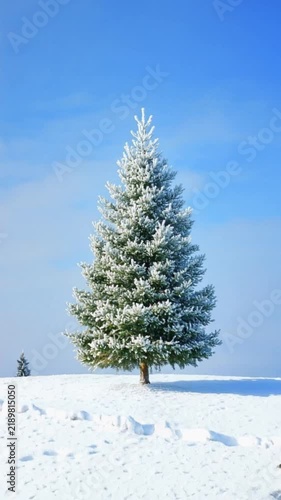 A stunning winter landscape captures a snow-covered evergreen tree against a vibrant blue sky, showcasing the beauty of nature during cold seasons, evoking tranquility and serenity.