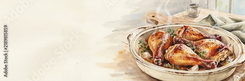 Coq au Vin is a classic French dish, consisting of chicken stewed in dry red wine with mushrooms, bacon, and vegetables. A banner with space for text. 