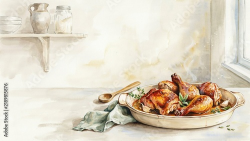 Coq au Vin is a classic French dish, consisting of chicken stewed in dry red wine with mushrooms, bacon, and vegetables. Photo with space for text. 