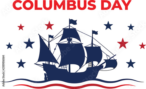 Vintage columbus day illustration featuring a historic sailing ship and patriotic stars