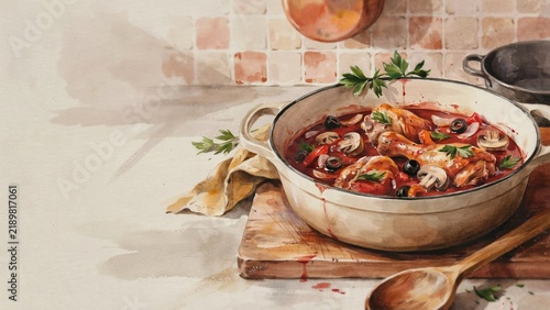 Coq au Vin is a dish of French cuisine, consisting of chicken stewed in a rich sauce made from red wine with mushrooms, bacon, and vegetables. Photo with space for text. 