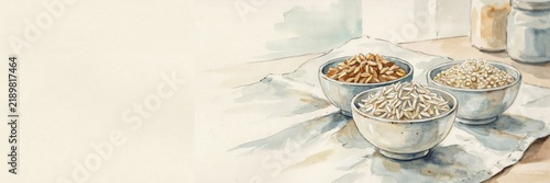 A festive background featuring three bowls with various grains and a jar of milk. A banner with space for text. 