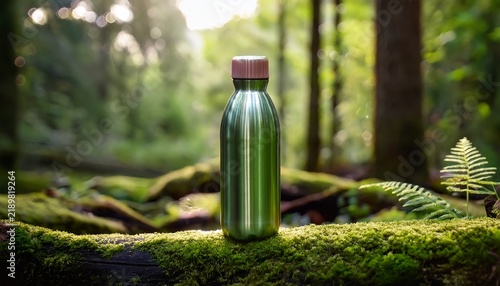 Eco Friendly Reusable Water Bottle On Mossy Log In Lush Forest Environment