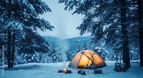 Winter camper enjoying cozy evening in snow-covered forest with illuminated tent