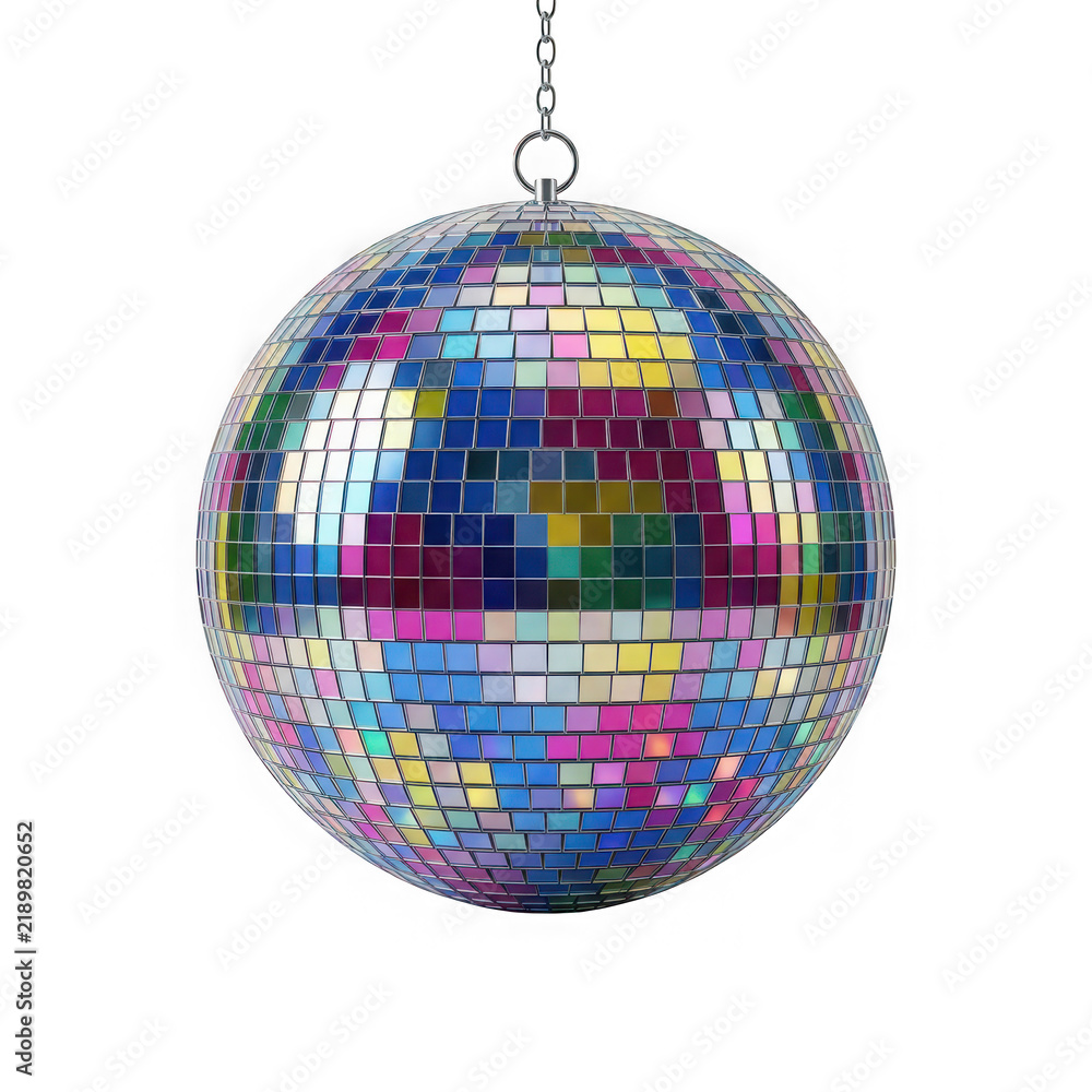 Fototapeta premium Sparkling disco ball with colorful mirror tiles isolated on transparent background