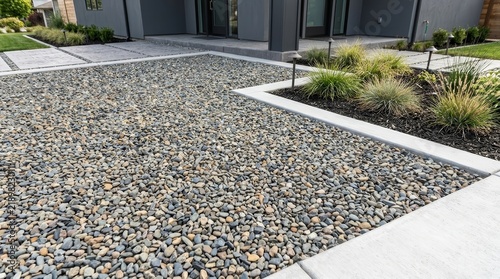 Detailed closeup of a gravel driveway and garden bed border for landscaping.