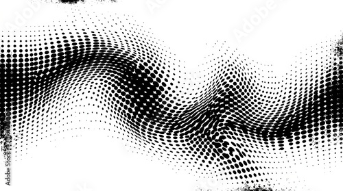 Abstract halftone wave with a futuristic twisted grunge pattern of dot circles.