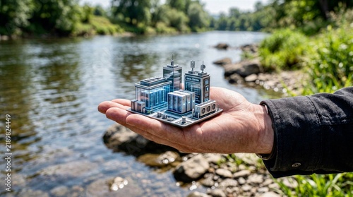 Miniature AI Data Center in Man’s Hand Beside River, Technology and Water Infrastructure Concept