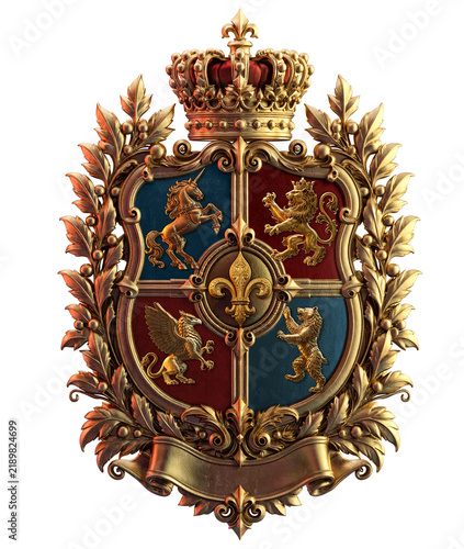 Obraz na płótnie Ornate heraldic coat of arms with crown, fleur-de-lis, unicorn, lion, griffin and wolf in four quartered shield fields