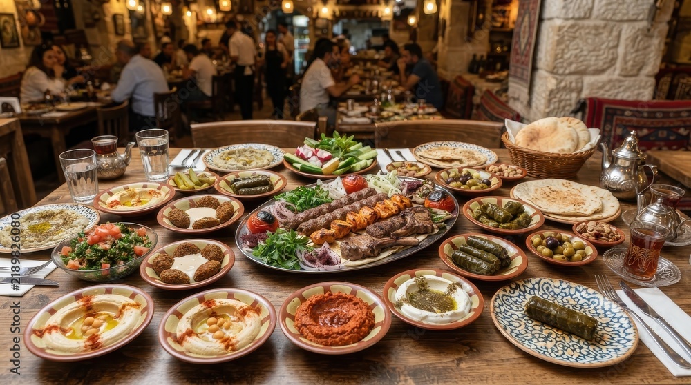 Fototapeta premium Abundant spread of traditional Middle Eastern dishes on a wooden restaurant table