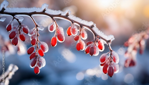 Close Up Of Frozen Barberry Branches With Red Winter Berries On Sunny Day