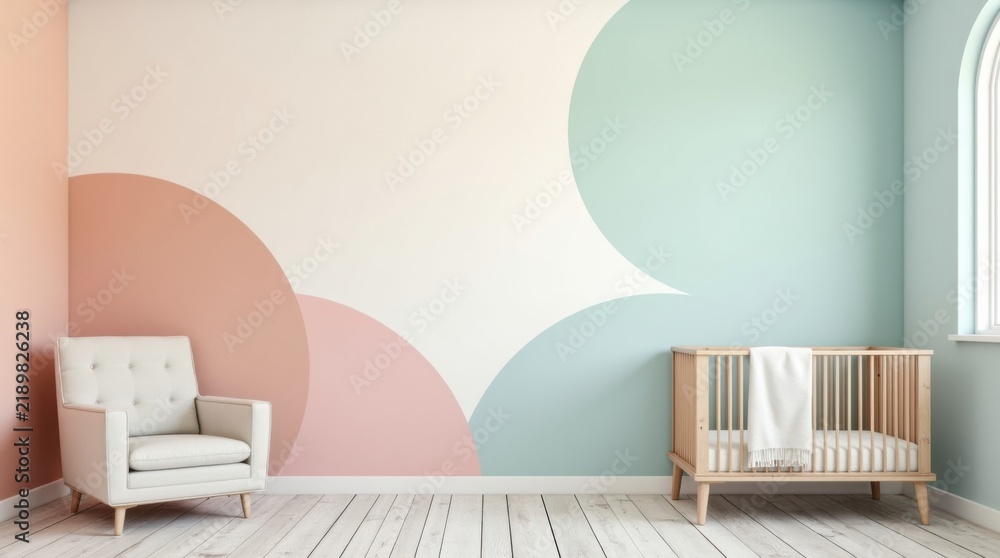 Fototapeta premium Habitación de bebé con una pared que exhibe parches de colores pastel cuidadosamente pintados en tonos melocotón suave, rosa empolvado, menta pálido y azul cielo