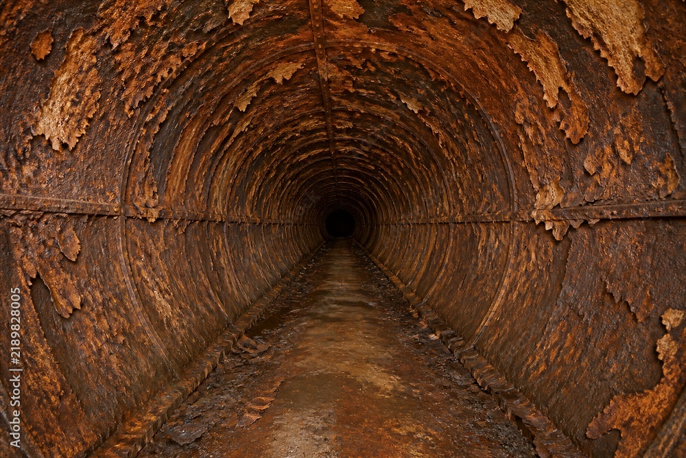 Fototapeta premium Rusty tunnel stretches into darkness. Walls show heavy corrosion and decay. Dirt and grime cover every surface. Deep shadows linger in the distance. Ideal for industrial or abandoned themes