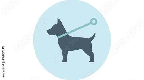 Dark silhouette dog wearing a simple leash depicted in a flat minimalist circular blue graphic icon