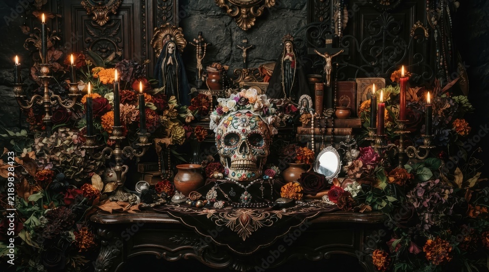 Fototapeta premium Day of the Dead altar with decorated sugar skull and candles
