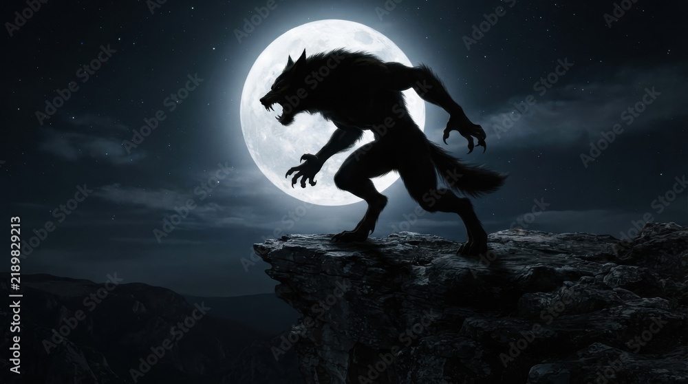 Obraz premium Werewolf silhouette howling on a cliff under a full moon