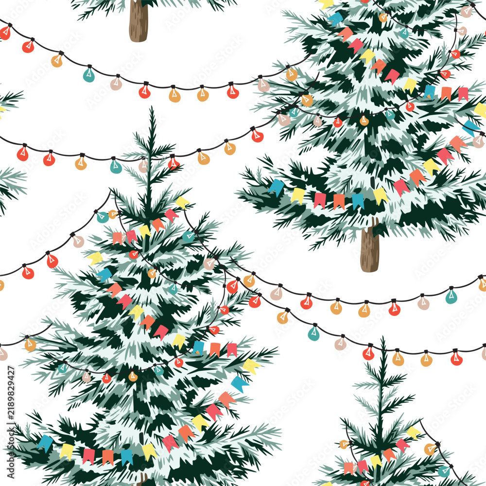 Obraz premium Christmas tree, checkboxes, electric garland seamless pattern. Winter holiday illustration.