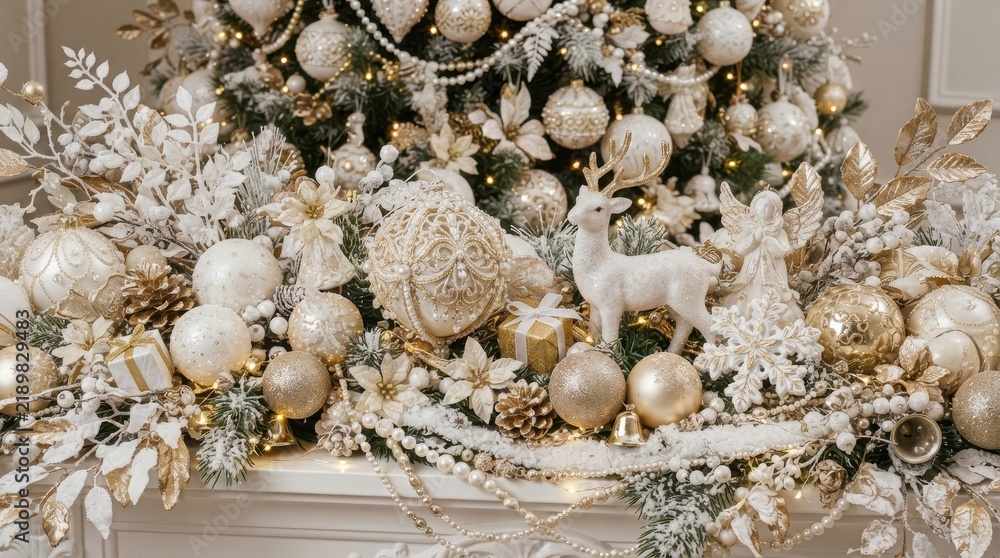 Obraz premium Christmas decor in gold and white with baubles and deer