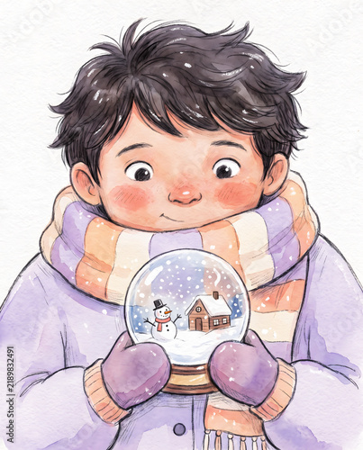 Young boy holding snow globe with snowman and house illustration, wearing colorful scarf and gloves