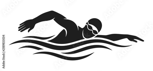 Black and white silhouette of a swimmer in motion through the water