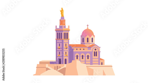 Majestic basilica architectural landmark rendered in vibrant gradient colors featuring a golden statue atop stone foundation