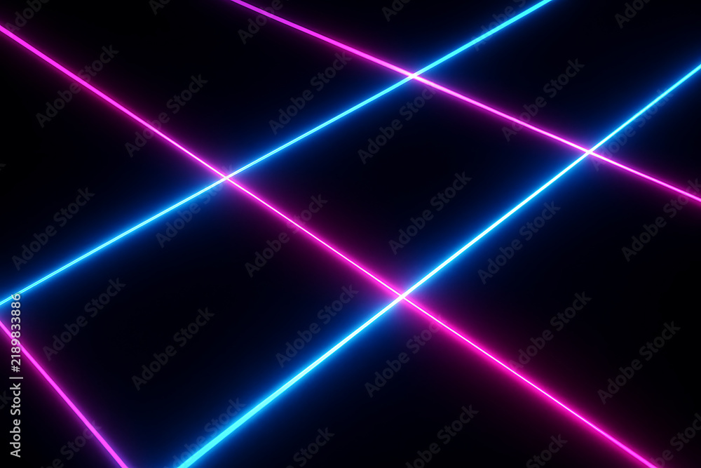 Obraz premium Abstract neon blue and pink diagonal light lines crossing on black background