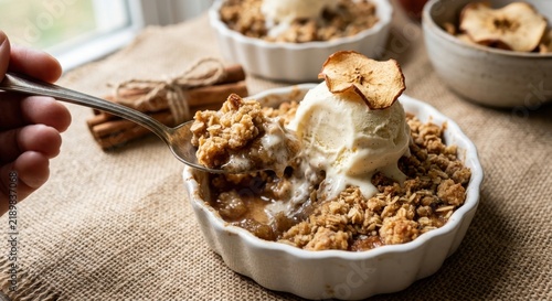 A hand taking a spoonful of delicious homemade apple crumble topped with melting vanilla ice cream and a dried apple chip, served in a white ramekin on a rustic burlap surface with cinnamon sticks.