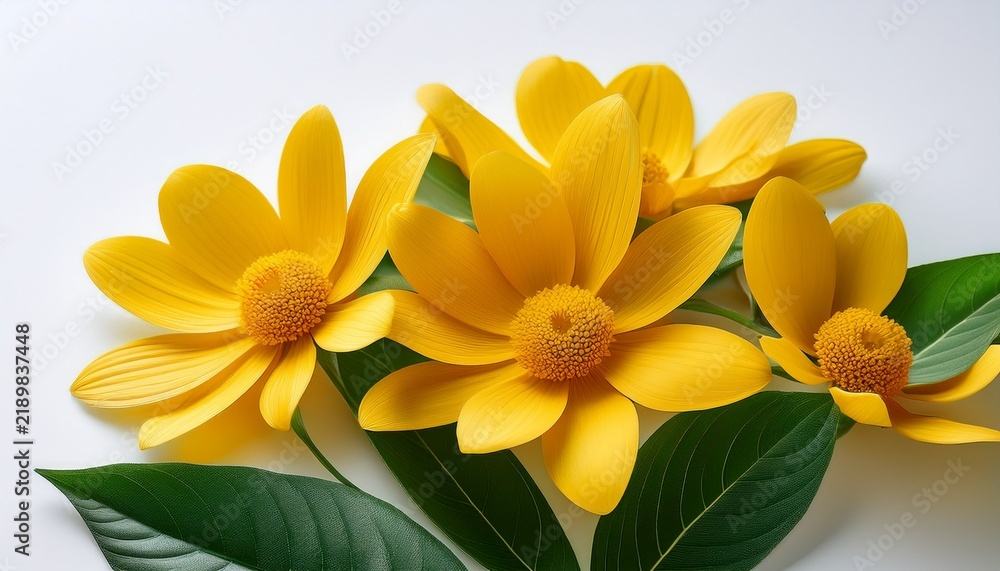 Fototapeta premium A Close Up Of Vibrant Yellow Flowers With Green Leaves On White Background