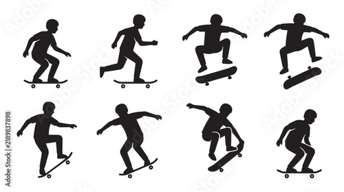 Bild auf Leinwand Skateboarding Athlete Silhouette Vector Collection Featuring Eight Dynamic Full