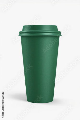 Dark forest green disposable takeaway coffee cup with matching lid isolated on white background, blank surface mockup for coffee branding, packaging and product design, copy space