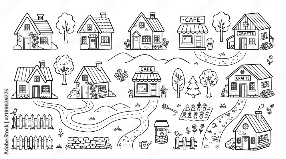 Obraz premium Collection of charming hand-drawn houses, shops, and elements for a village illustration.