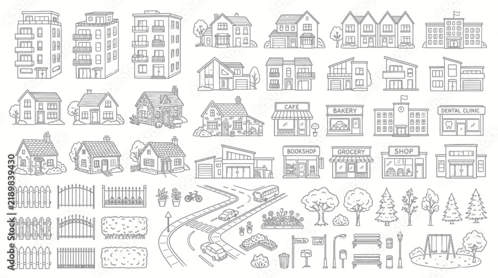 Obraz premium Collection of Hand-Drawn Buildings and Architectural Elements for Urban and Suburban Scenes.
