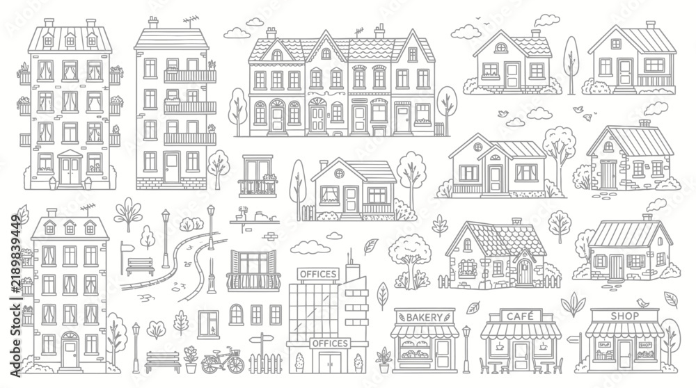 Obraz premium Collection of hand-drawn line art illustrations of various buildings and houses.