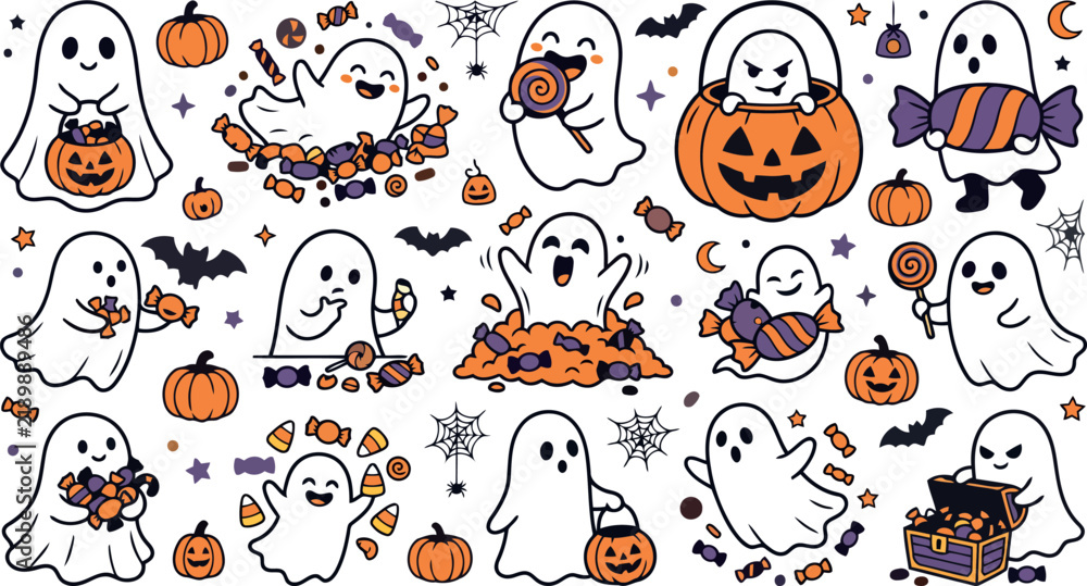 Fototapeta premium Set of cute cartoon Halloween ghosts with pumpkins and candies for festive holiday stickers and decorations